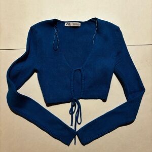 blue zara cropped tie front sweater